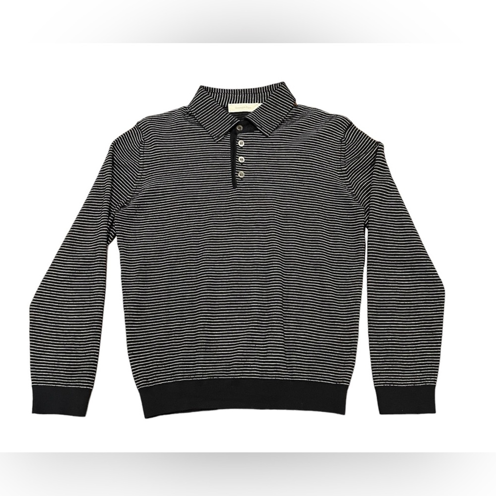Ermenegildo Zegna Slim Fit Knit Long Sleeve Polo Navy Stripe Size 50 Fits Small